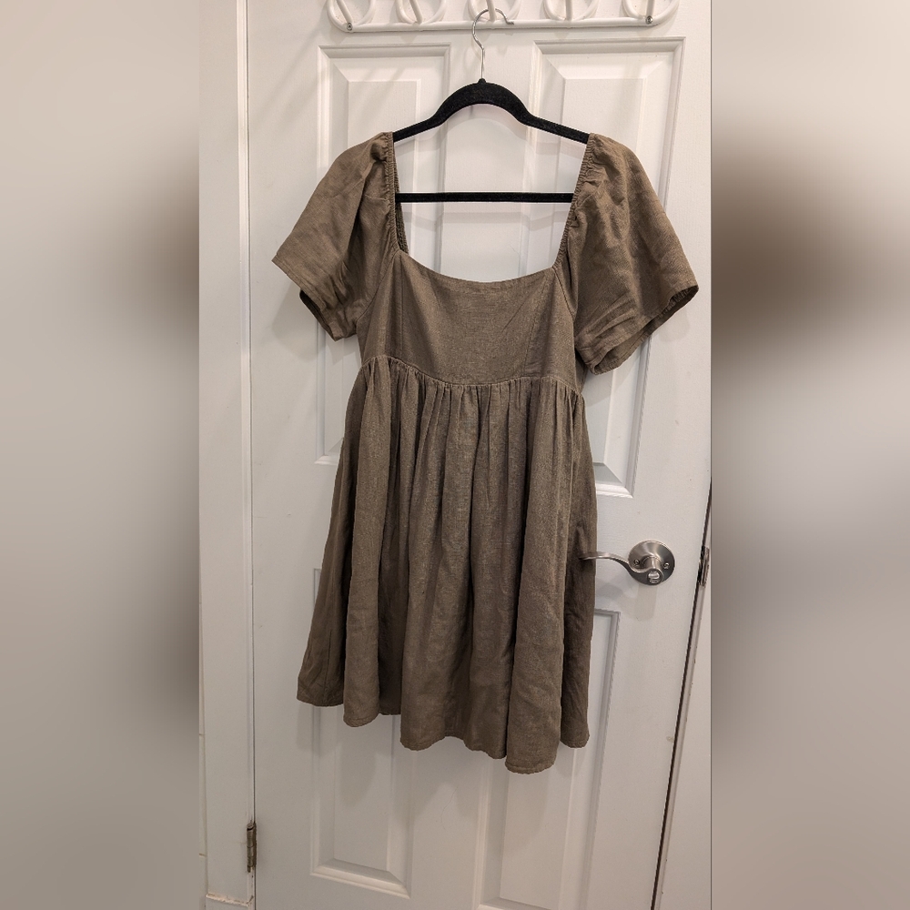 Simons | Olive Green Puff Sleeve Mini Dress